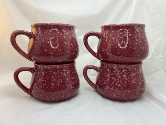 None and/or Unknown Other - Vintage Berry Red Speckled Pottery Coffee Mugs 4" Width Set of 4
